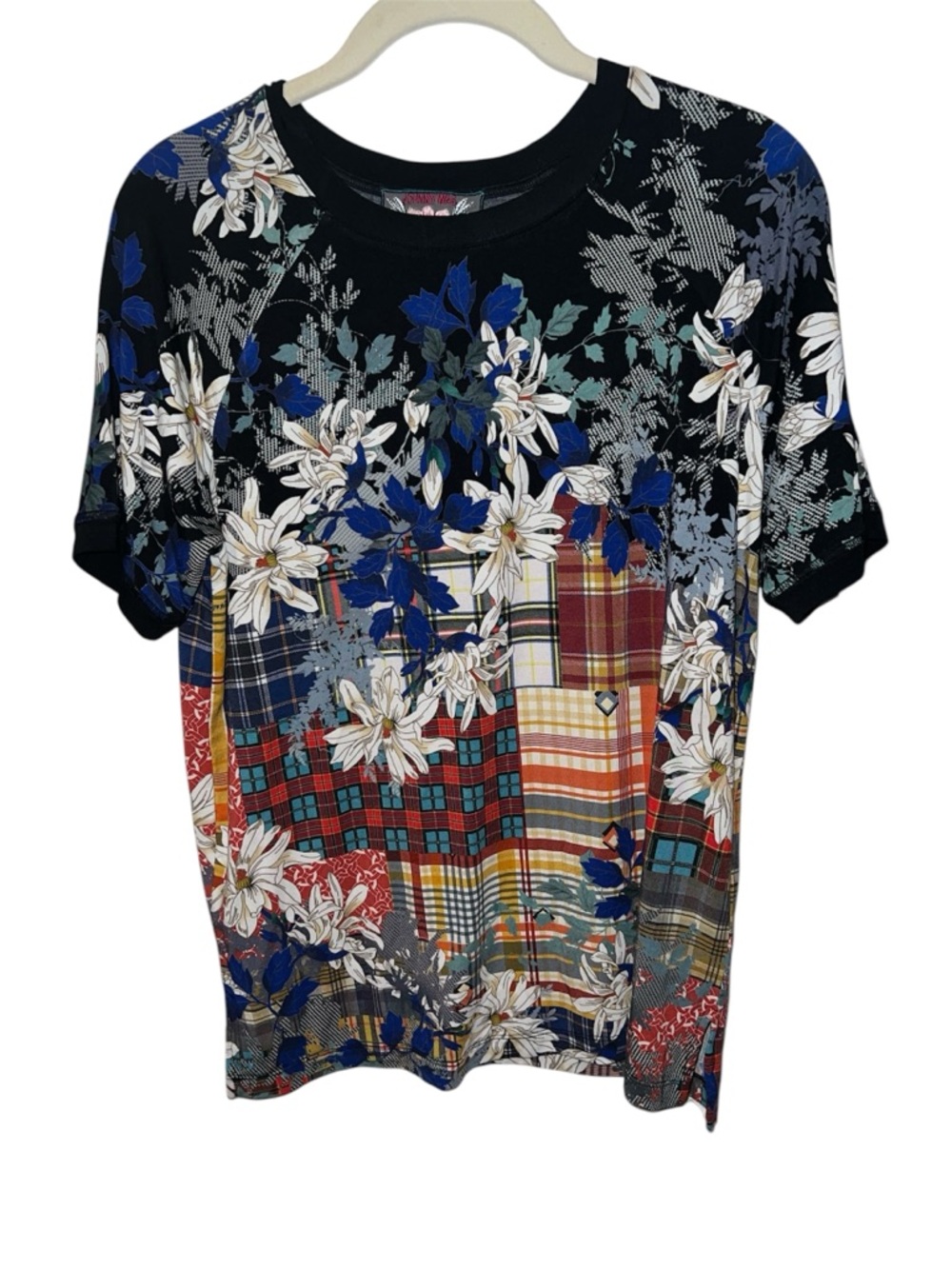 Johnny Was Floral Patchwork Plaid Mixed Print Tee Shirt XS